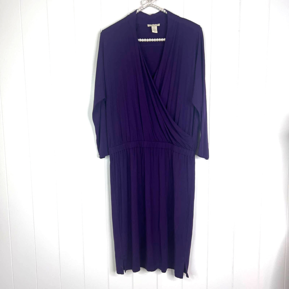 White + Warren Purple V Neck Elastic Waist Knee Length Dress SZ M